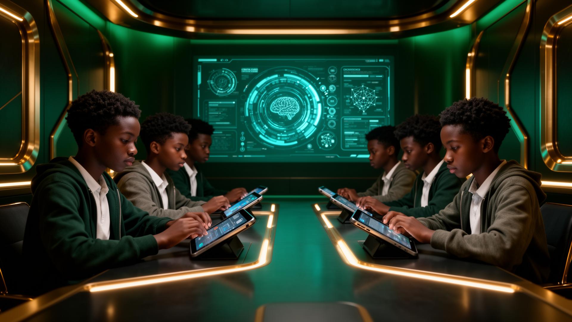 African students using AI educational tablets in a futuristic learning center